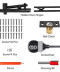 Heavy Duty Hidden Door Hinge With Silent Operation Jexify Dual Bearing Design For Secret Doors 360 Degree Pivot Supports Up To 573 Lb Load Conceal Hinge System With Patented Noise Reduction Technology components with screws, ball catch, and tools