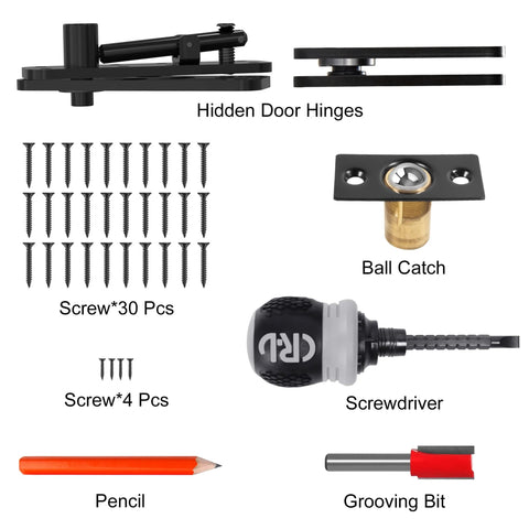Heavy Duty Hidden Door Hinge With Silent Operation Jexify Dual Bearing Design For Secret Doors 360 Degree Pivot Supports Up To 573 Lb Load Conceal Hinge System With Patented Noise Reduction Technology components with screws, ball catch, and tools
