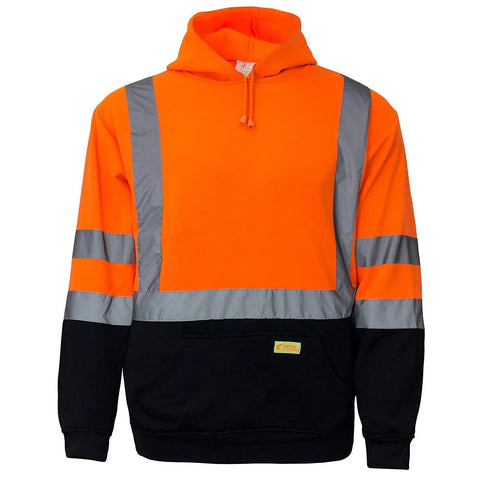 Hi Vis High Visibility ANSI Class 3 Sweatshirt Hooded Pullover For Men With Knit Lining Orange Large Workwear Built For Tough Job Sites Safety Jacket With Reflective Strips And Winter Weather Protection displayed front view