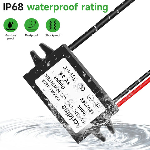 Rugged 12V/24V To 5V USB C Buck Converter 3A 15W Type C Output Waterproof Charging Module in water showcasing waterproof feature