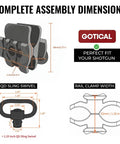 Dimensions of Shotgun Barrel Clamp Mount With Rubber Pads And Picatinny Rail Flashlight Attachment, including QD sling swivel.