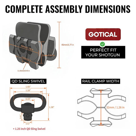 Dimensions of Shotgun Barrel Clamp Mount With Rubber Pads And Picatinny Rail Flashlight Attachment, including QD sling swivel.