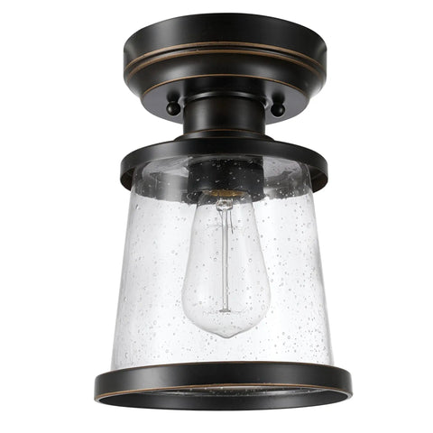 Charlie One Light Outdoor Indoor Semi Flush Mount Ceiling Light In Oil Rubbed Bronze With Clear Seeded Glass Shade Weather Resistant Bulb Not Included