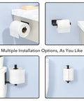 Multiple views of self-adhesive toilet paper holder no drill matte black stainless steel wall mounted for bathroom, kitchen, washroom, and RV.