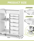 Rolling Storage Cart With Top Pegboard And Six Drawers Mobile Utility Cart On Wheels With Locking Brakes Craft Organizer For Home Office And Craft Room White Wood Frame with size dimensions.