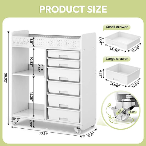 Rolling Storage Cart With Top Pegboard And Six Drawers Mobile Utility Cart On Wheels With Locking Brakes Craft Organizer For Home Office And Craft Room White Wood Frame with size dimensions.