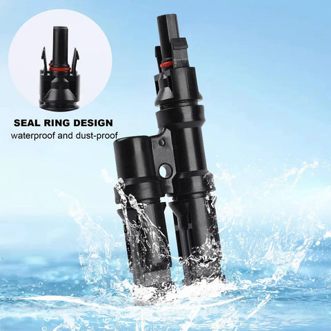 One Pair Solar Branch Y Connector For Parallel Connection Between Solar Panels FMM MFF MC4 Branch Connector in water splash