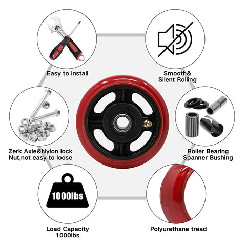 Heavy Duty 5 Inch Caster Wheels Set Of 4 With Crowned Polyurethane Tread On Rust Resistant Cast Iron Body For Industrial Cart Up To 4000 Lb No Joke Strength Built For Smooth Rollin Action showcasing a red polyurethane wheel with load capacity icon.