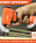 Close-up of Smooth Shooting 23 Gauge Pneumatic Pin Nailer held while driving headless micro pins into wood surface.
