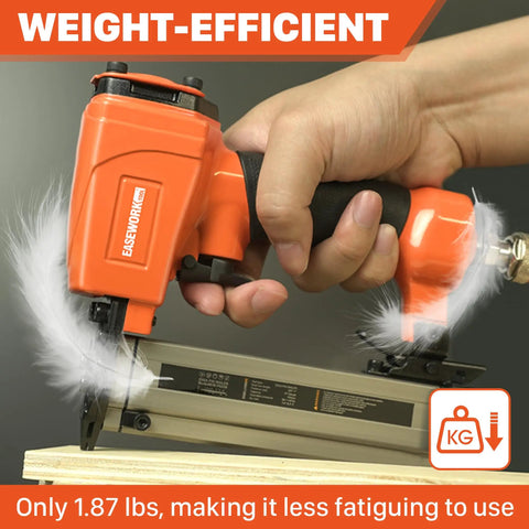 Close-up of Smooth Shooting 23 Gauge Pneumatic Pin Nailer held while driving headless micro pins into wood surface.