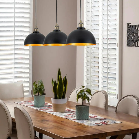 Mini Black Pendant Light With Gold Interior Finish 3 Pack 9.84 Inch Dome Farmhouse Style Retro Industrial Pendant Lamps for Kitchen Island Dining Room Bedroom Hallway