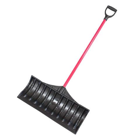 Poly Snow Pusher With Fiberglass Handle And D Grip Heavy Duty 27 Inch Scoop, ideal for clearing snow from driveways, shown from a side view