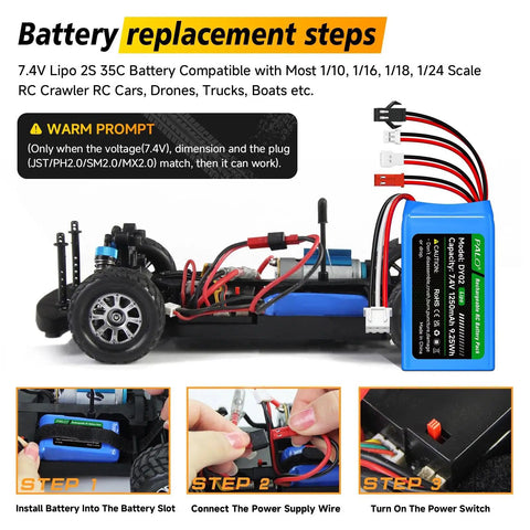 Two Pack 7.4V 2S LiPo RC Battery Set 1200mAh 35C Burst 70C High Discharge With JST PH2.0 SM2.0 MX2.0 Connectors installation guide