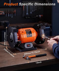 Ironclad 8 Inch Bench Grinder With A Beefy 750 Watt Motor Spinning At 3450 RPM For Sharpening Knives Chisels And Steel Stock Plus Adjustable Tool Rests And Splash Guards For The Garage on workbench with tool dimensions.