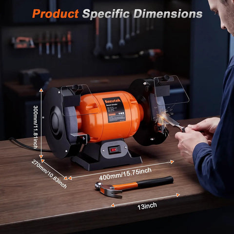 Ironclad 8 Inch Bench Grinder With A Beefy 750 Watt Motor Spinning At 3450 RPM For Sharpening Knives Chisels And Steel Stock Plus Adjustable Tool Rests And Splash Guards For The Garage on workbench with tool dimensions.