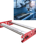 Router Sled For Slab Flattening, DIY Woodworking Jig with red side brackets next to milling machine in workshop setting