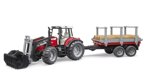 Massey Ferguson 7480 Tractor With Detachable Front Loader And Timber Trailer Set showing the full length with off road capability