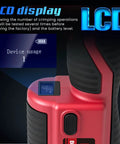 Pro Grade Built Tough Cordless Hydraulic Cable Lug Crimper Six Ton Electric Terminal Pliers LCD display showing device usage and battery level.