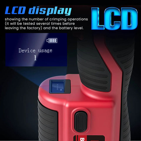 Pro Grade Built Tough Cordless Hydraulic Cable Lug Crimper Six Ton Electric Terminal Pliers LCD display showing device usage and battery level.