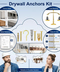 Diagram showing uses and contents of Picture Hanging Kit 116 Piece Set With Zinc Self Drilling Drywall Anchors, Screw Hooks for various walls
