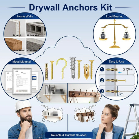 Diagram showing uses and contents of Picture Hanging Kit 116 Piece Set With Zinc Self Drilling Drywall Anchors, Screw Hooks for various walls
