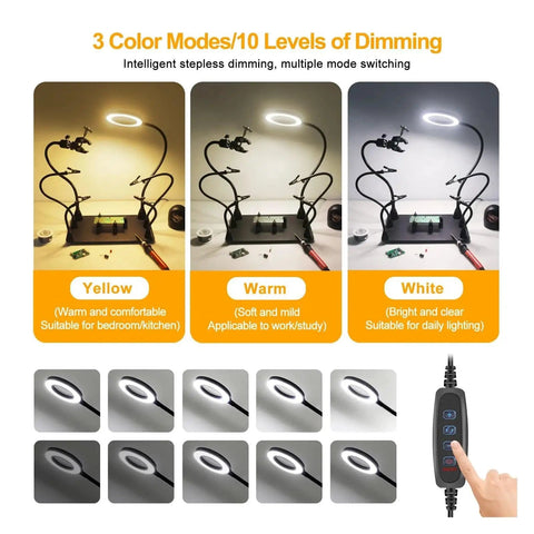 Three color modes of Magnetic Soldering Helping Hands With Flexible Arms And 360 Degree PCB Holder, showing lighting options.