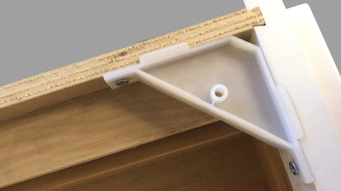 12 Pack 90 Degree Cabinet Triangle Brackets White Durable Plastic Corner Support Braces With Off Center Screw Holes installed