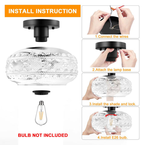 Install instructions for vintage black globe glass ceiling light fixture, semi flush mount for hallways, kitchens, entryways and bathrooms, matte black base, rustic farmhouse pendant lamp style, globe glass light, bulb not included.