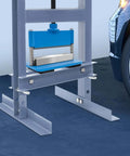 12 Inch Press Brake Attachment For 12 And 20 Ton Hydraulic Shop Presses, 90 Degree Bending, installed on shop floor, blue finish