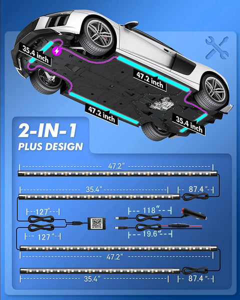 Diagram showing installation of Lit Underglow Car Lights Kit With 16 Million RGB Colors And 29 Modes App And Remote Control