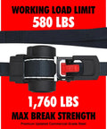 Heavy Duty 2 Pack Retractable Ratchet Straps 1 Inch X 10.5 Feet 1760 Lb Break Strength showing ratchet mechanism with load limits.