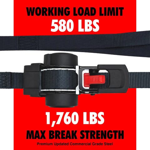 Heavy Duty 2 Pack Retractable Ratchet Straps 1 Inch X 10.5 Feet 1760 Lb Break Strength showing ratchet mechanism with load limits.