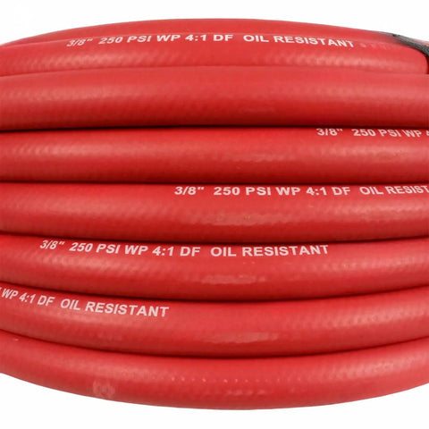 Badass 50 Foot Red Rubber Air Hose Delivers Knockout Durability and Sweet Flex for Your Shop with markings on coiled rubber hose.