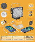 54W LED Work Light Cordless Flood Light With 7600 Lumens And 3800 Lumens Dual Brightness Mega Bright 150 Degree Pivot Head And 270 Degree Base USB Type C Charger Port Portable Workshop Camping Outdoor Lighting showcasing highlighted features