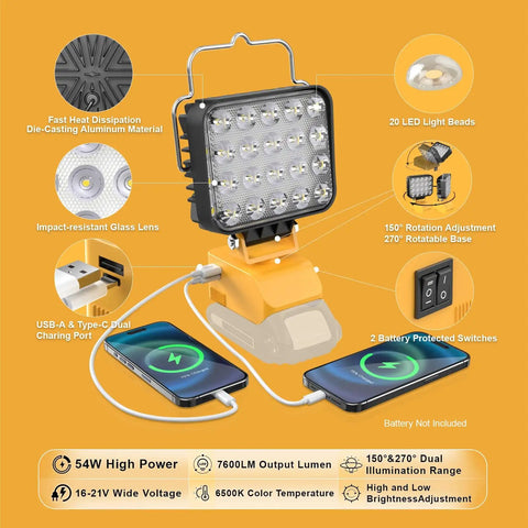 54W LED Work Light Cordless Flood Light With 7600 Lumens And 3800 Lumens Dual Brightness Mega Bright 150 Degree Pivot Head And 270 Degree Base USB Type C Charger Port Portable Workshop Camping Outdoor Lighting showcasing highlighted features