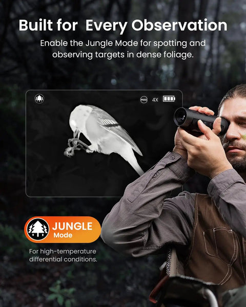 Thermal Monocular Pro With 320x240 IR Sensor And 400x300 Pixel Clarity 50Hz Refresh Aircraft Mg Al Alloy Body Handheld Night Vision Camera, man using Jungle Mode in forest
