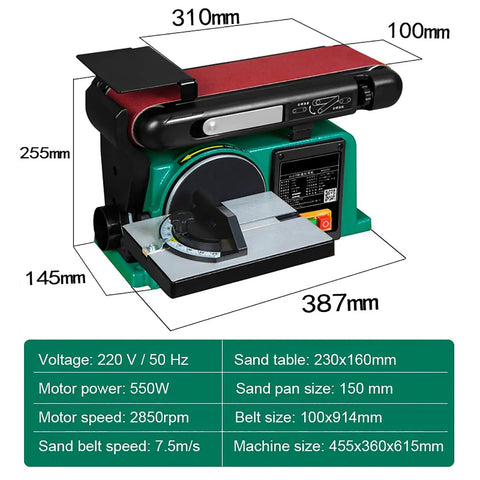Image of Shop Grade 550W Desktop Belt Sander featuring rock solid cast iron base and adjustable workbench dimensions.