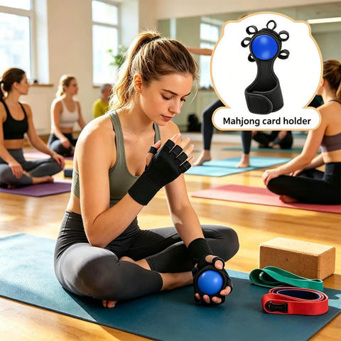 Woman using Finger Grip Strength Ball For Stronger Hands And Everyday Grip Training in a yoga class setting
