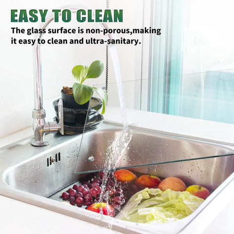 Tempered Glass Cutting Boards Set For Kitchen Counters 2 Pack 16x12 And 12x8 Inches Easy To Clean surface over a sink with produce