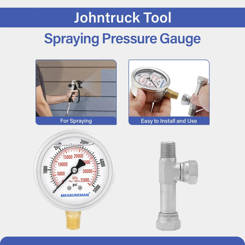 Spraying Pressure Gauge Assembly Compatible With Airless Sprayers Pro Grade High Pressure Fluid Gauge With Tee Fitting One Quarter Inch NPT Threads 0 To 5000 PSI Glycerin Filled, 5000 PSI gauge