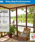 Top Shelf Aluminum Insect Screen Mesh Roll, Rock Solid Bug Barrier Window Replacement Material, Heavy Duty 72 Inch by 100 Foot Screen Fabric for Exterior Doors and Patios, Elegant Silver in a screened porch setting.
