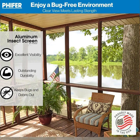 Top Shelf Aluminum Insect Screen Mesh Roll, Rock Solid Bug Barrier Window Replacement Material, Heavy Duty 72 Inch by 100 Foot Screen Fabric for Exterior Doors and Patios, Elegant Silver in a screened porch setting.
