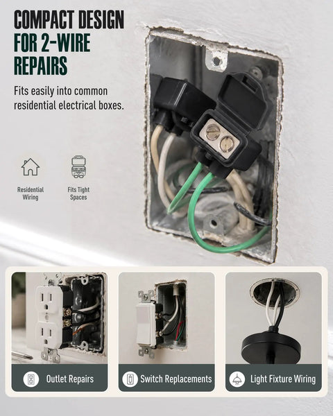 Compact design for 2-wire repairs shows Pro Grade Two Port Electric Wire Connectors With No Mess Antioxidant Gel for junctions.