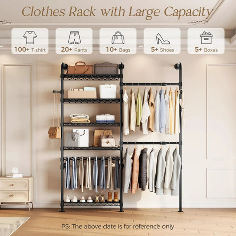 Ultimate Wall Mounted Closet Organizer Game Changer With Hefty Industrial Pipe Build showcasing clothes, bags, and shoes.