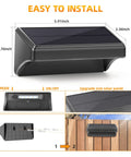 Dimensions and features of Solar Fence Lights 4 Pack Plus 100 Lumen Outdoor Solar Light IP65 Waterproof with mounting instructions.