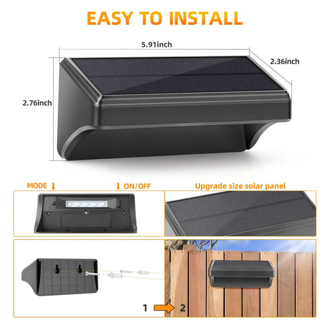 Dimensions and features of Solar Fence Lights 4 Pack Plus 100 Lumen Outdoor Solar Light IP65 Waterproof with mounting instructions.