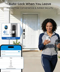 Woman using app for Rock Solid Matte Black Smart Lock For Front Door Handle Featuring Fingerprint Swipes with auto-lock feature.