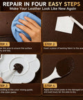 No Sweat Diy Leather Repair Kit For Furniture And Vinyl Self Mixing Compound shown in four steps of application process.