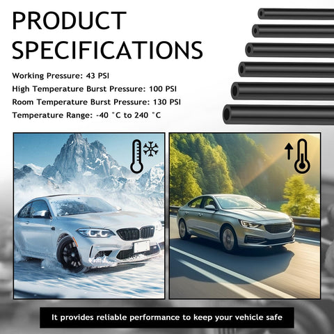 Image showing six piece five foot silicone vacuum hose kit for cars and SUVs with clamps, highlighting temperature and pressure specs.