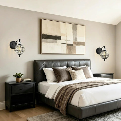 Lumestary 1 Piece Black Crystal Globe Wall Sconce, 1-Light Matte Black Finish Wall Sconce for Bathroom Bedroom Living Room, Vintage Vanity Light beside a bed.